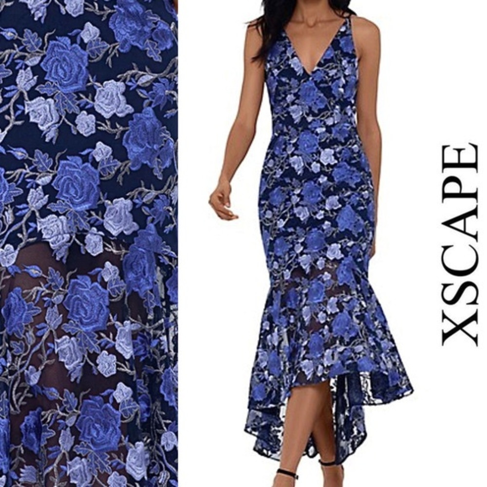 Xscape Blue and White Floral Dress